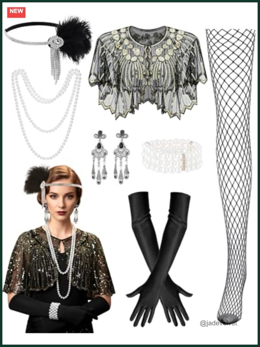1920s Flapper Accessory Set 6 Pc Sequin Shawl Gloves Pearl Jewelry